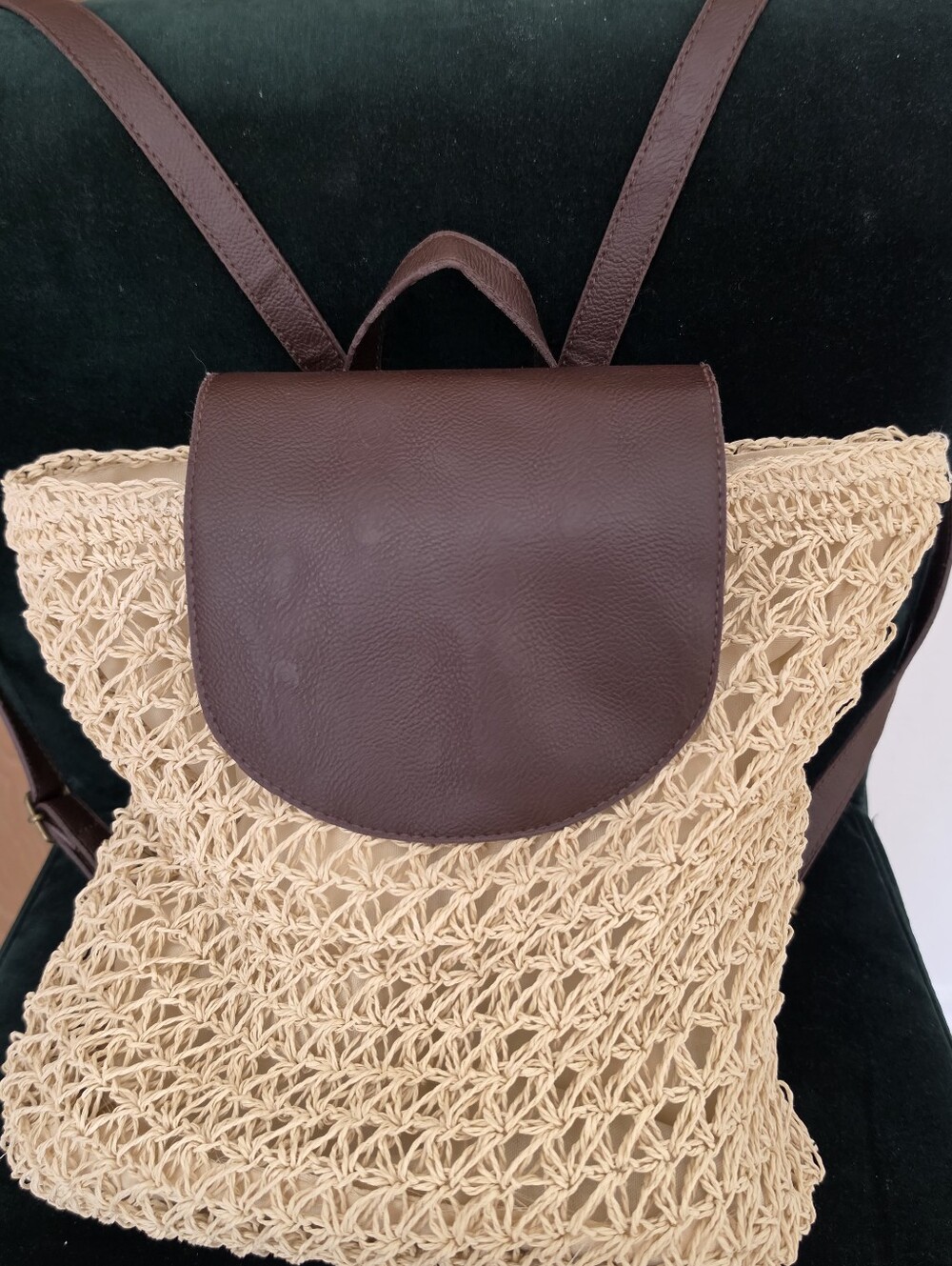Woven Straw Backpack with Brown Leather Flap